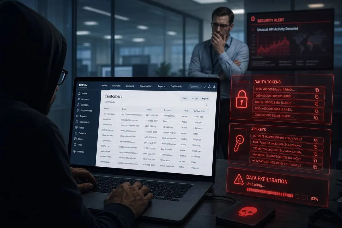 Illustration: attacker viewing stolen customer records in a cloud CRM dashboard via compromised API tokens