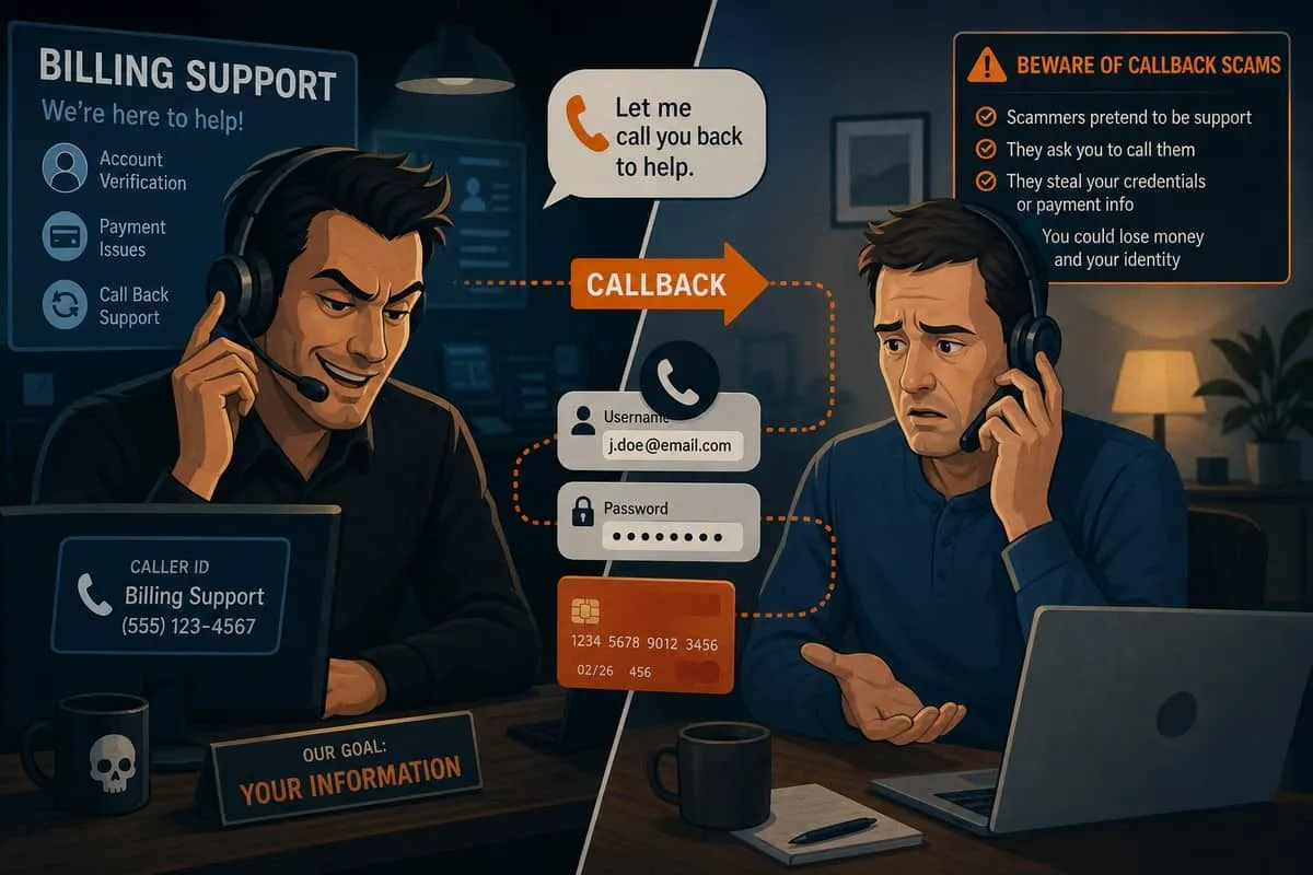 Illustration: callback phishing scam with victim on phone to fake billing support