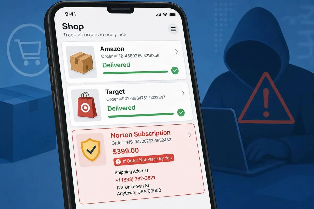 Illustration: Shop order-tracking app showing a fake Norton subscription receipt alongside legitimate purchases