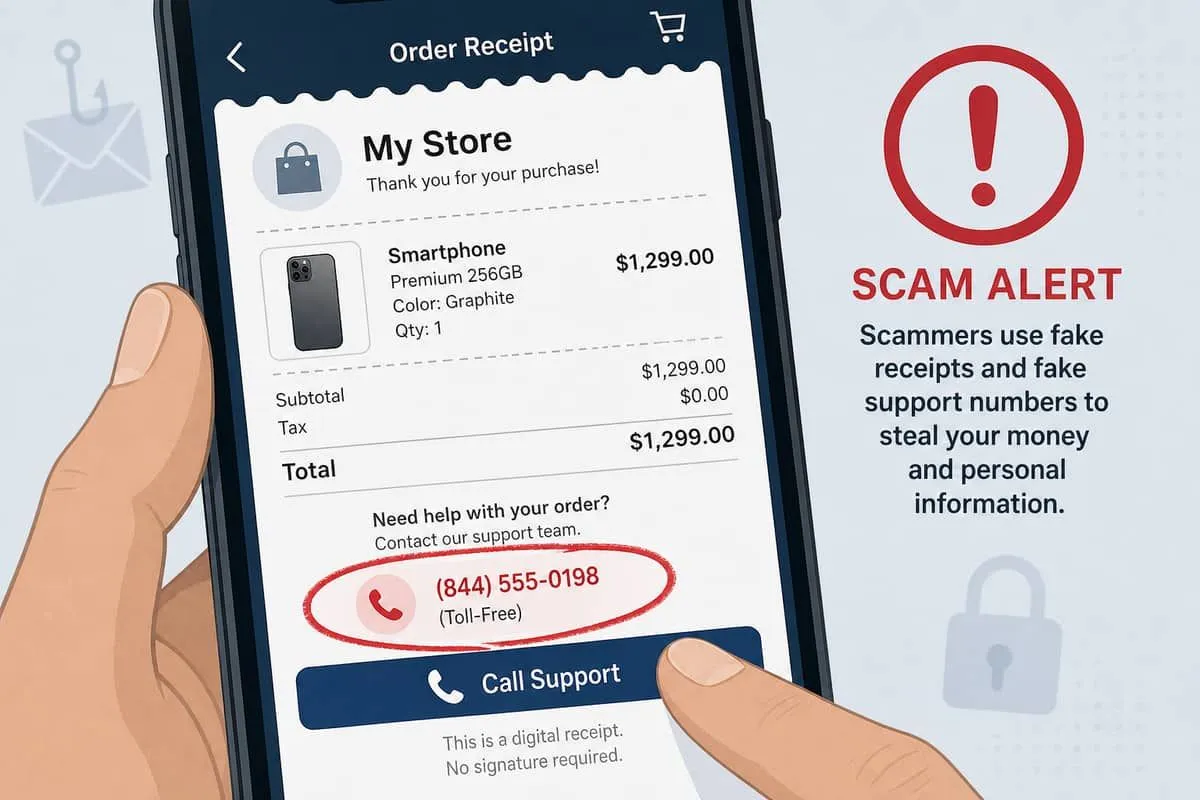 Illustration: fake My Store receipt with support phone number in shipping address field