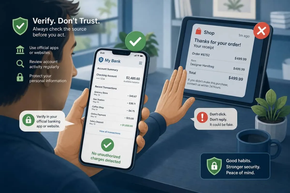 Illustration: user verifying no unauthorized charges in banking app while dismissing fake Shop notification