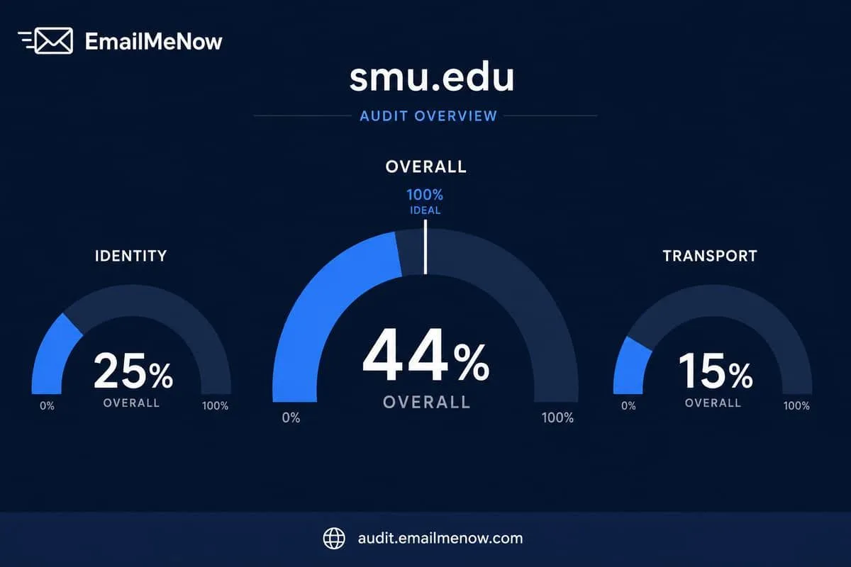 Illustration: smu.edu email security audit at 44% with identity and transport gaps
