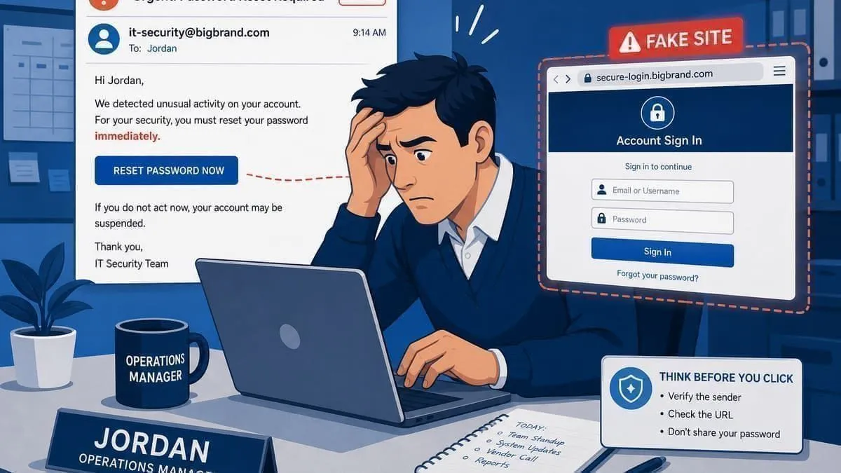Illustration: industrial manager facing a fake corporate password reset