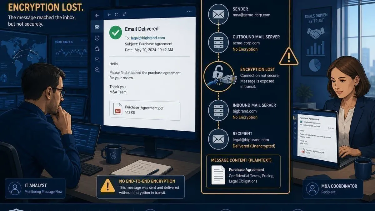 Illustration: M&A agreement email exposed on an unencrypted mail path