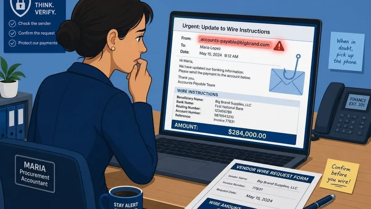 Illustration: Fortune 100 supplier reviewing a spoofed procurement payment email