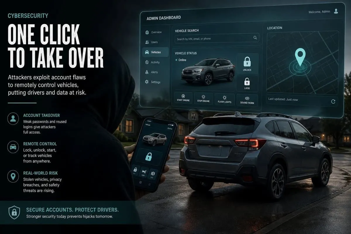Connected car beside an admin dashboard showing remote unlock and location history risk
