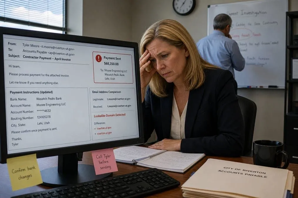 Lookalike email diverting a contractor ACH payment to a fraudulent bank account