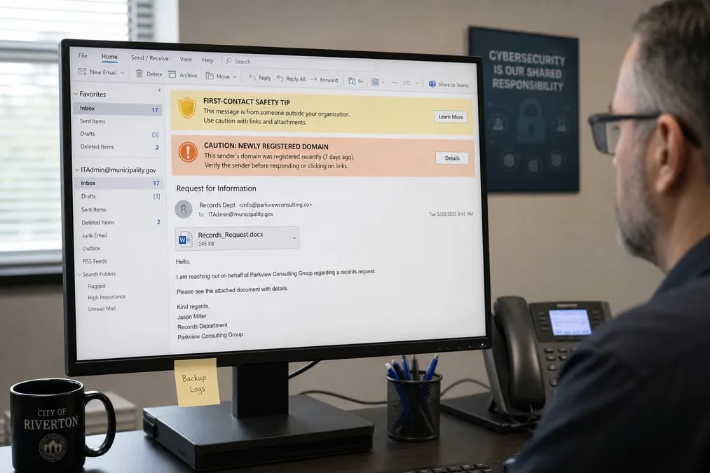 Email client showing first-contact and newly registered domain caution banners