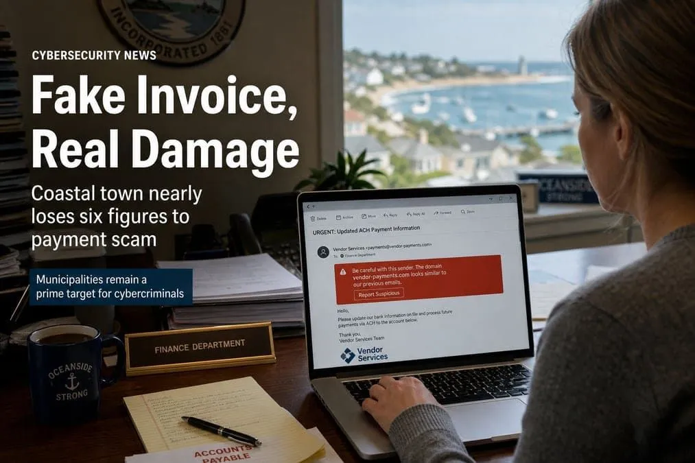 Municipal finance desk with a suspicious ACH payment email and lookalike domain warning