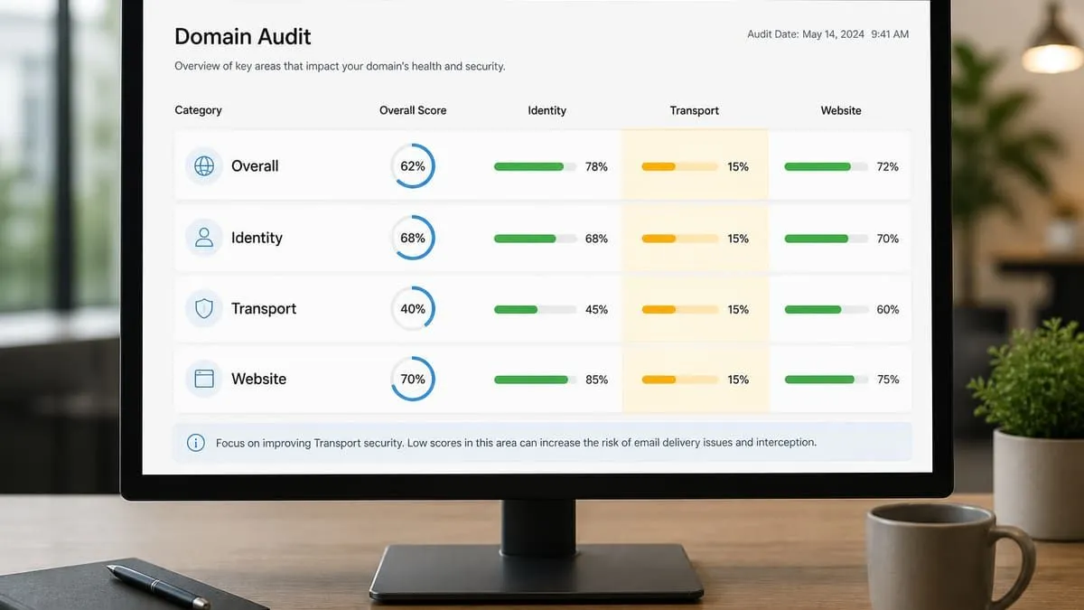 Domain audit dashboard with Transport at 15% across four Texas lawsuit defendants