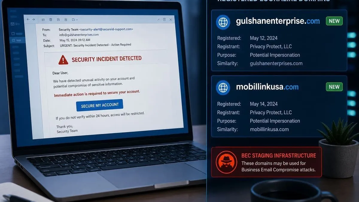 Spoofed breach-notice email beside registered lookalike and BEC-staging domain cards
