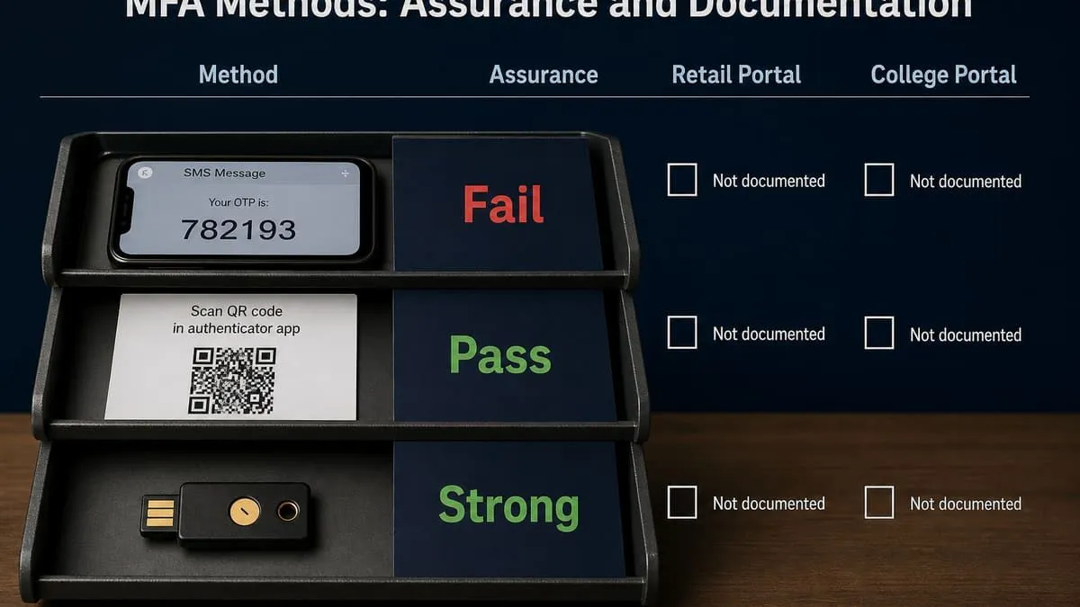 MFA grading tray: SMS Fail, authenticator Pass, YubiKey Strong — CHCP and Earthbound Fail
