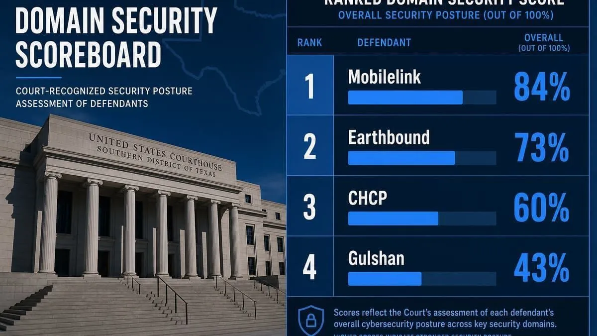 Texas federal breach-litigation defendants ranked on a domain security scoreboard below 100% ideal