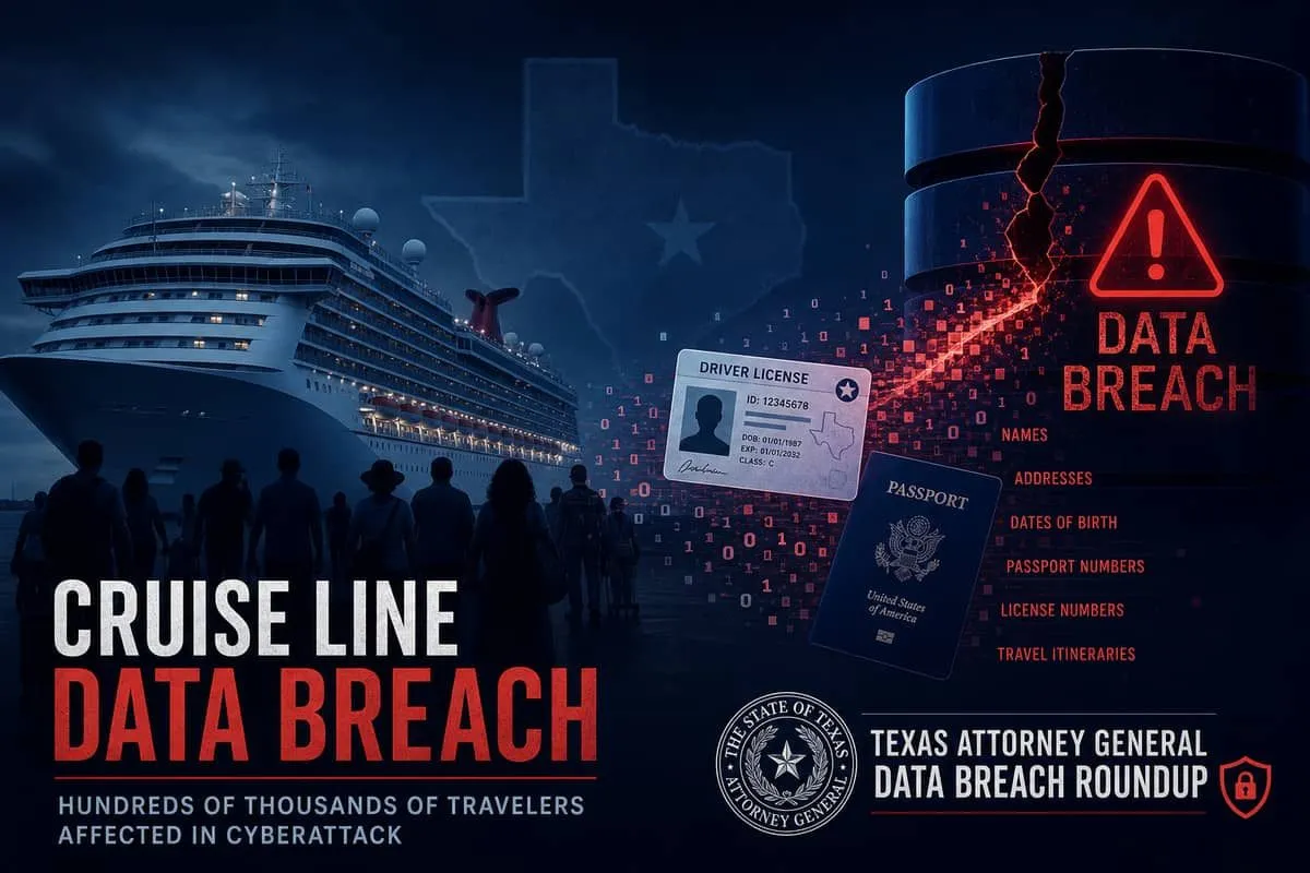 Illustration: massive cruise line breach exposing traveler identity documents affecting hundreds of thousands of Texans