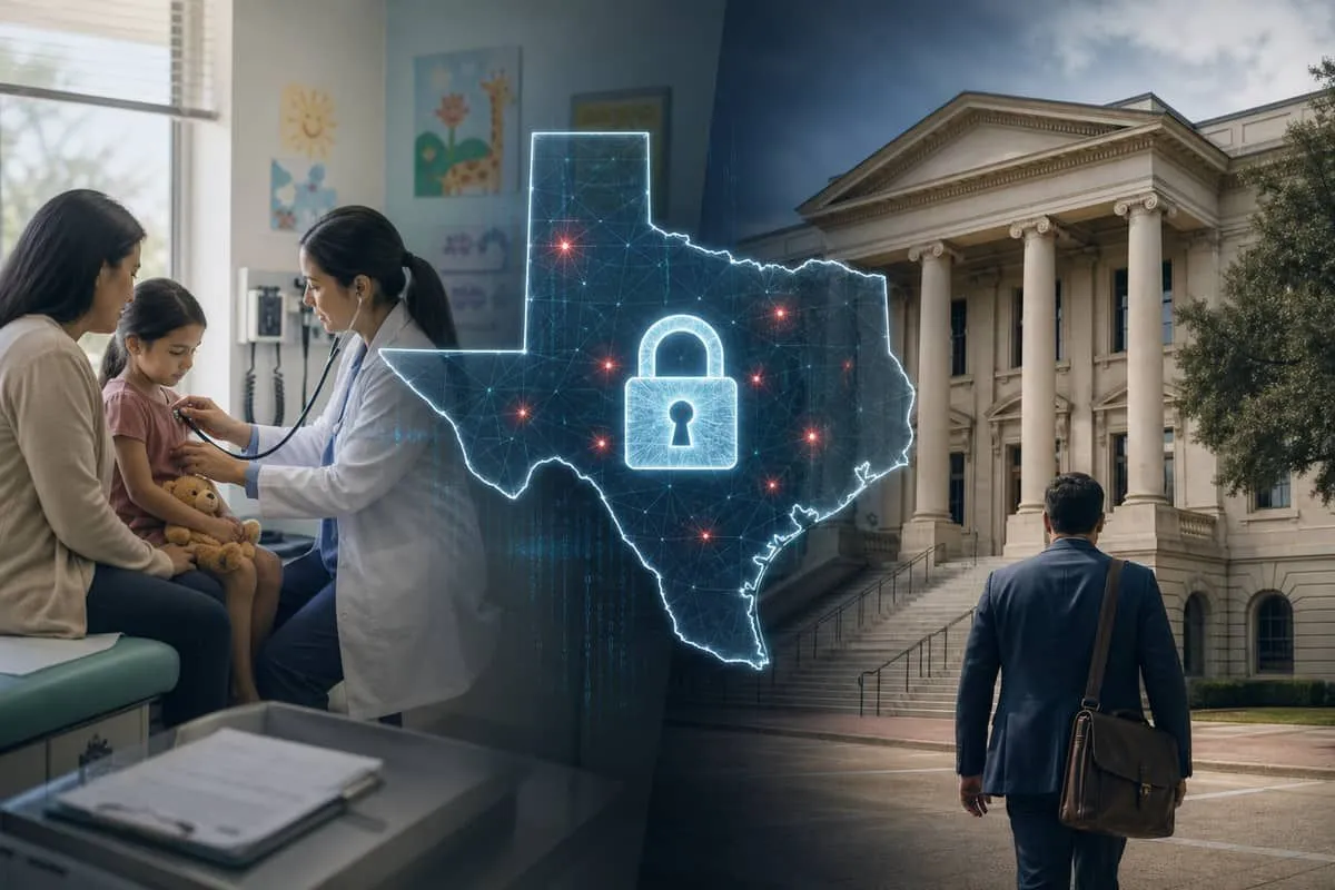 Illustration: pediatric clinic and county government representing smaller June 18 Texas breach filings