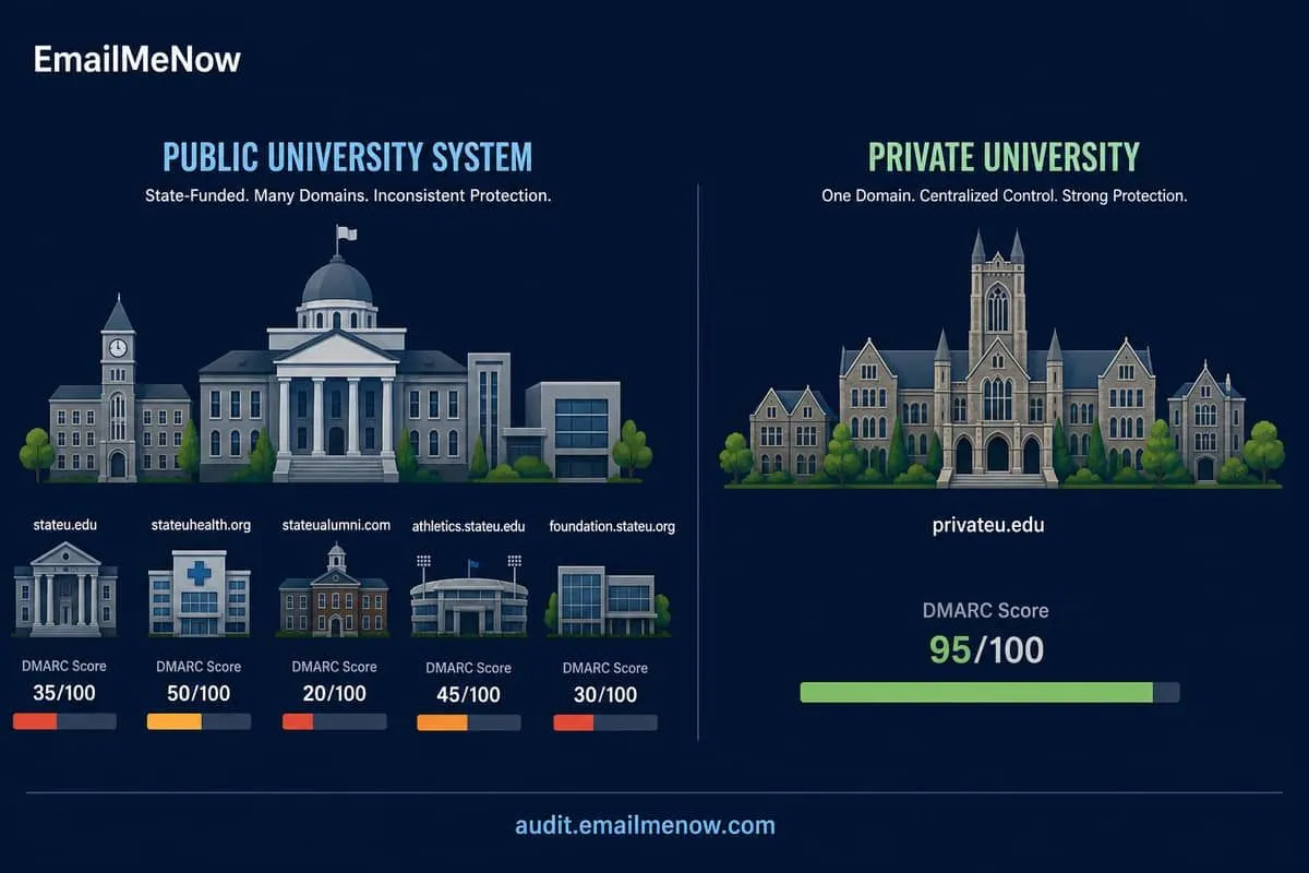 Illustration: Texas public-system CIO and private-university CISO comparing DMARC dashboards below the 100% ideal