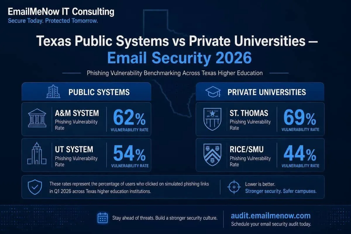 Comparison chart of Texas public university systems versus private university email security scores