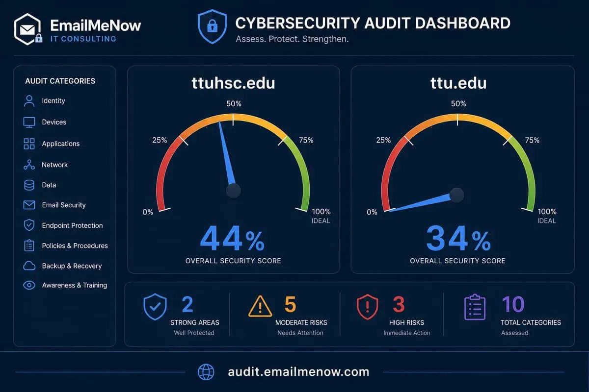 Illustration: ttuhsc.edu and ttu.edu audit gauges showing identity and transport far below 100%