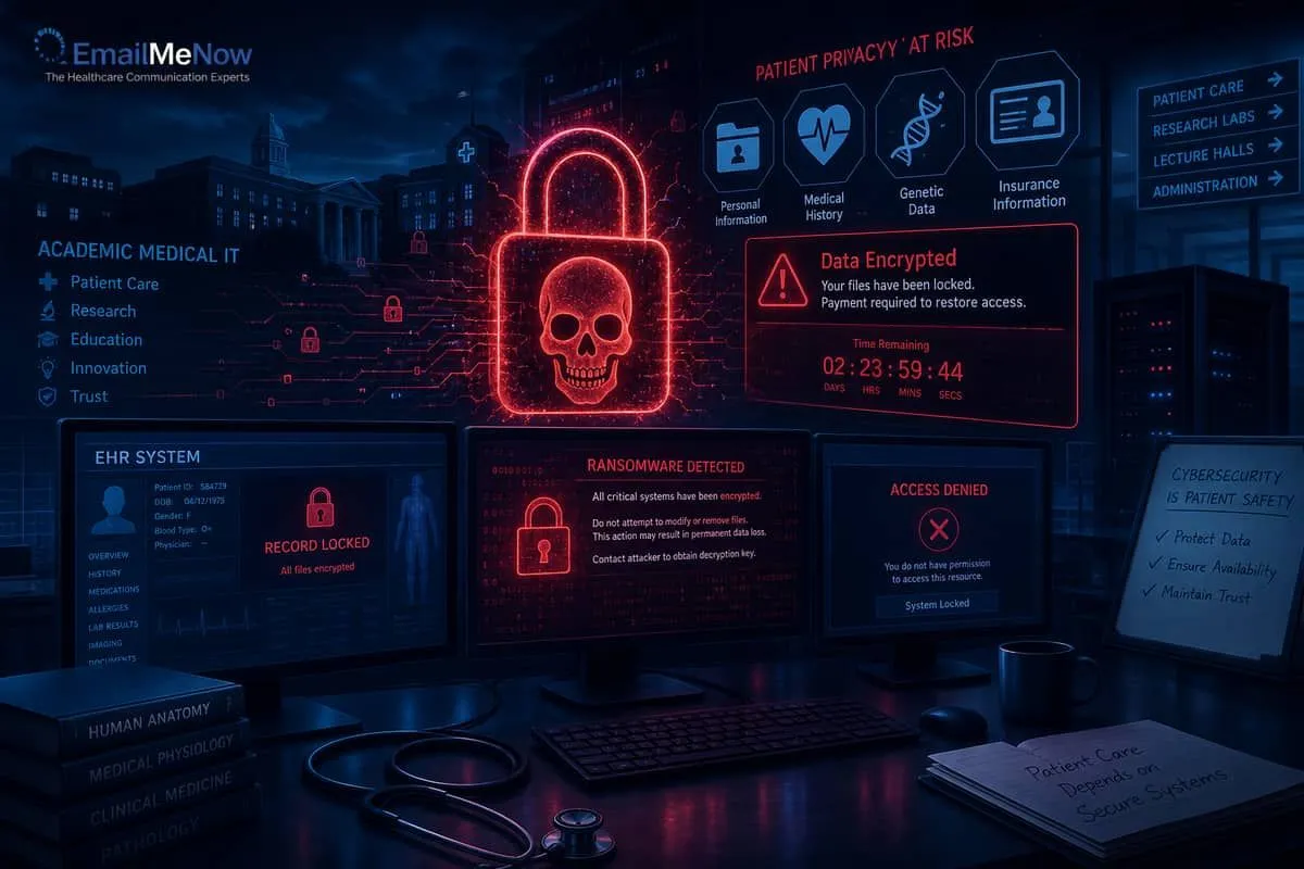 Illustration: academic medical center ransomware disrupting clinical systems and exposing patient records