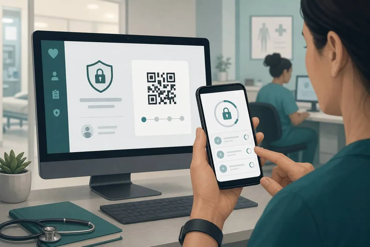 Illustration: multi-factor authentication setup with phone authenticator beside a healthcare portal