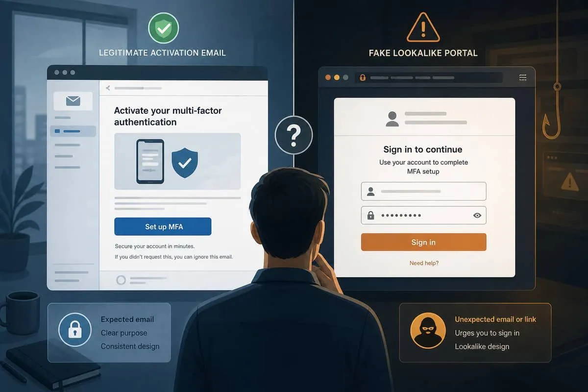 Illustration: legitimate MFA activation email versus a fake lookalike portal login