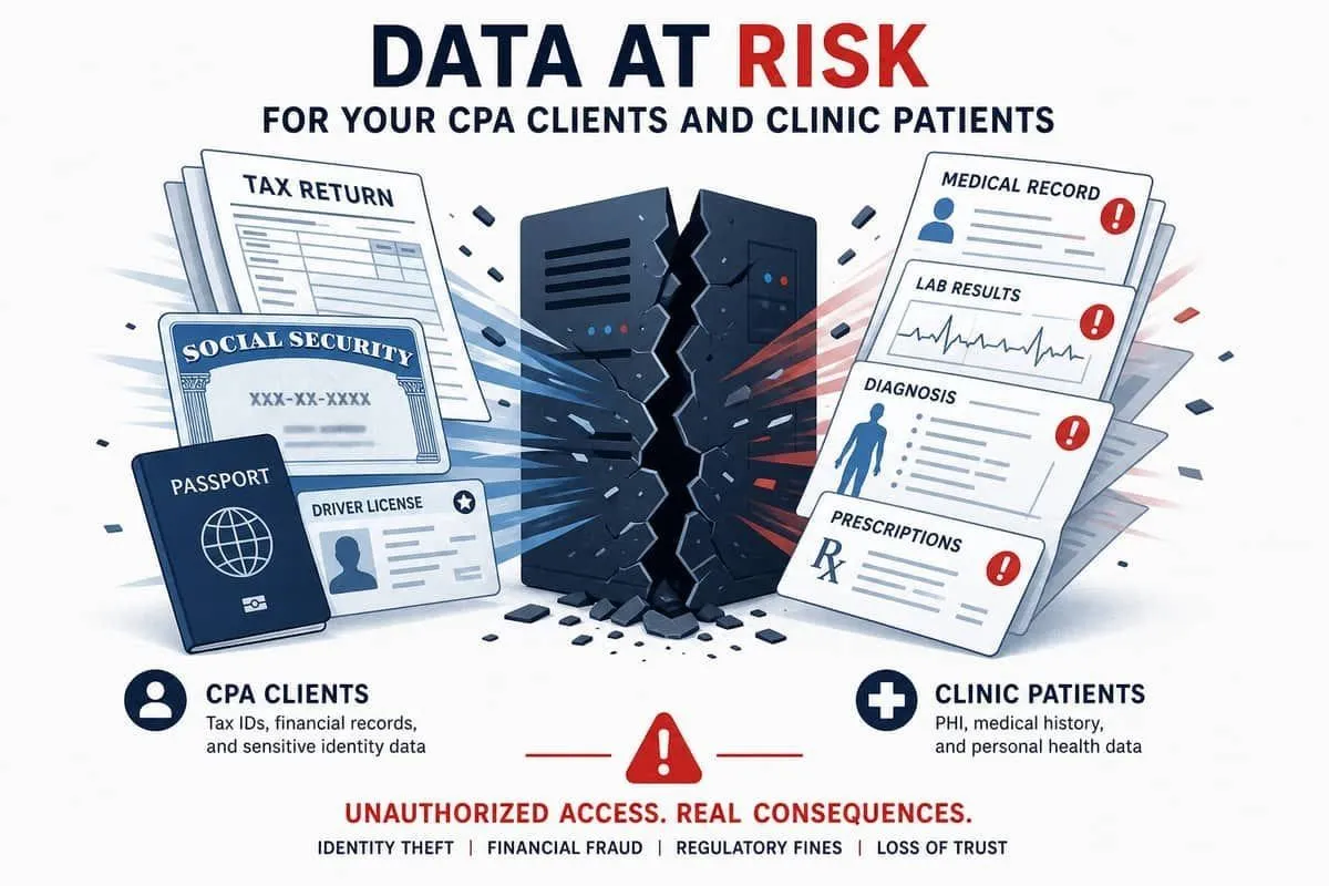 Illustration: tax records SSNs and identity documents exposed in CPA ransomware incident