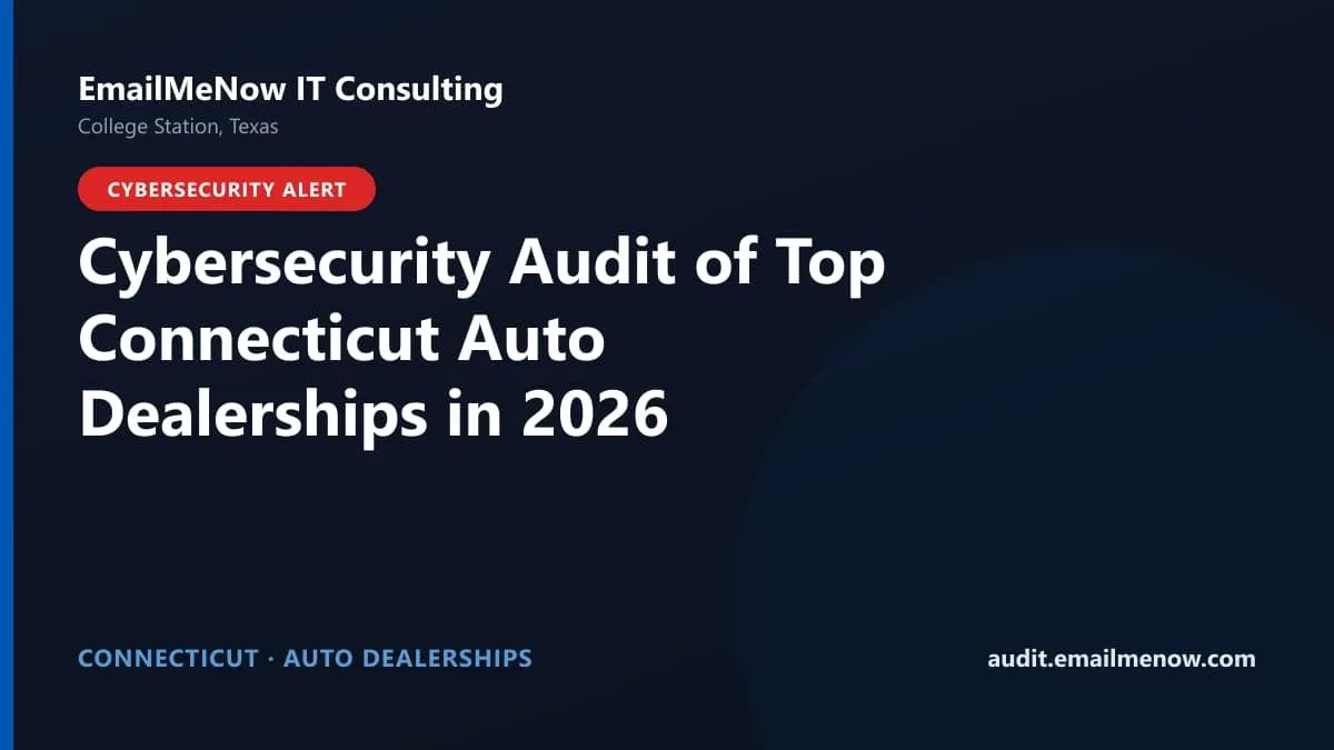 Digital audit dashboard with a Connecticut state map showing cybersecurity scores of major Connecticut auto dealerships