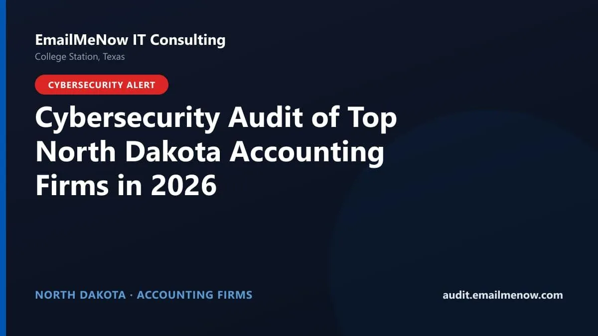 Digital audit dashboard with a North Dakota state map showing cybersecurity scores of major North Dakota accounting firms