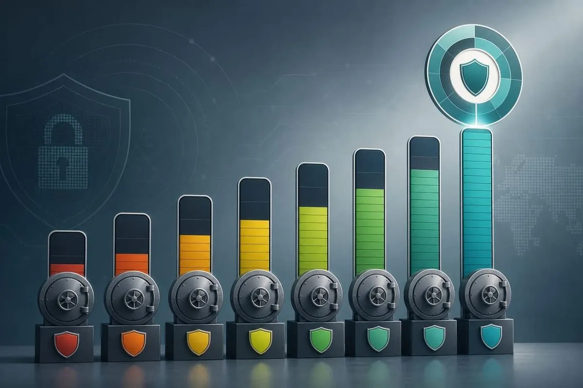 Anonymous vault icons ranked on a comparative domain security scoreboard