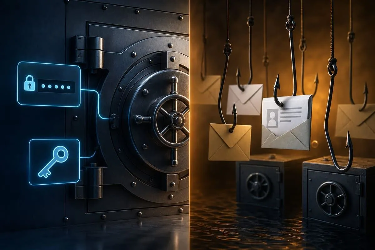 Strong vault architecture contrasted with phishing hooks targeting password-manager brands