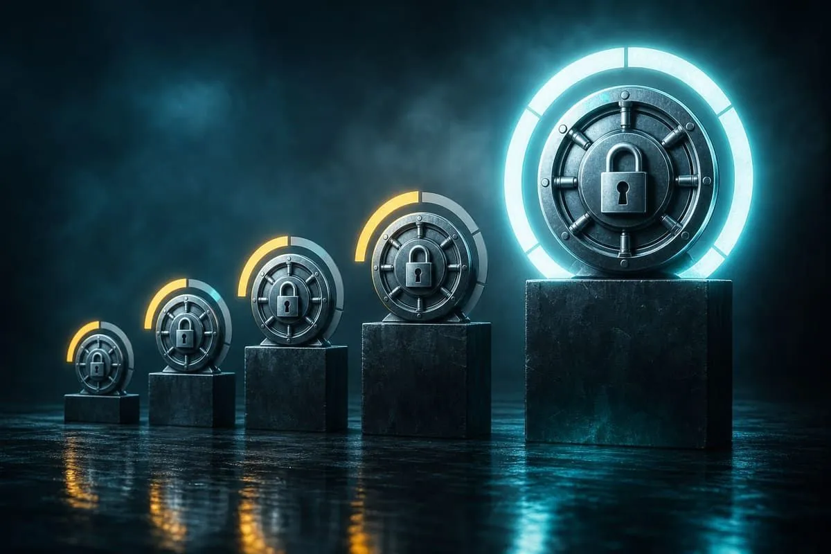 Ranked cybersecurity scoreboard comparing password manager domain security toward a 100 percent ideal