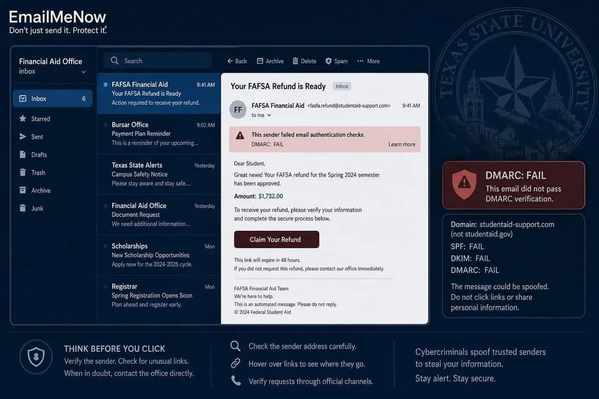 Illustration: Texas university mail admins facing spoofed financial-aid phishing while DMARC is not fully enforced