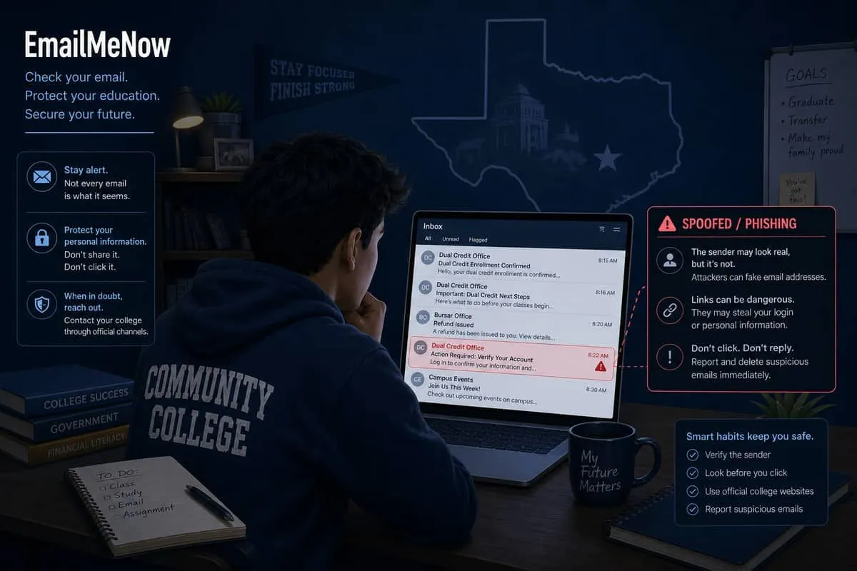 Illustration: community college financial-aid inbox flooded with spoofed refund and dual-credit phishing