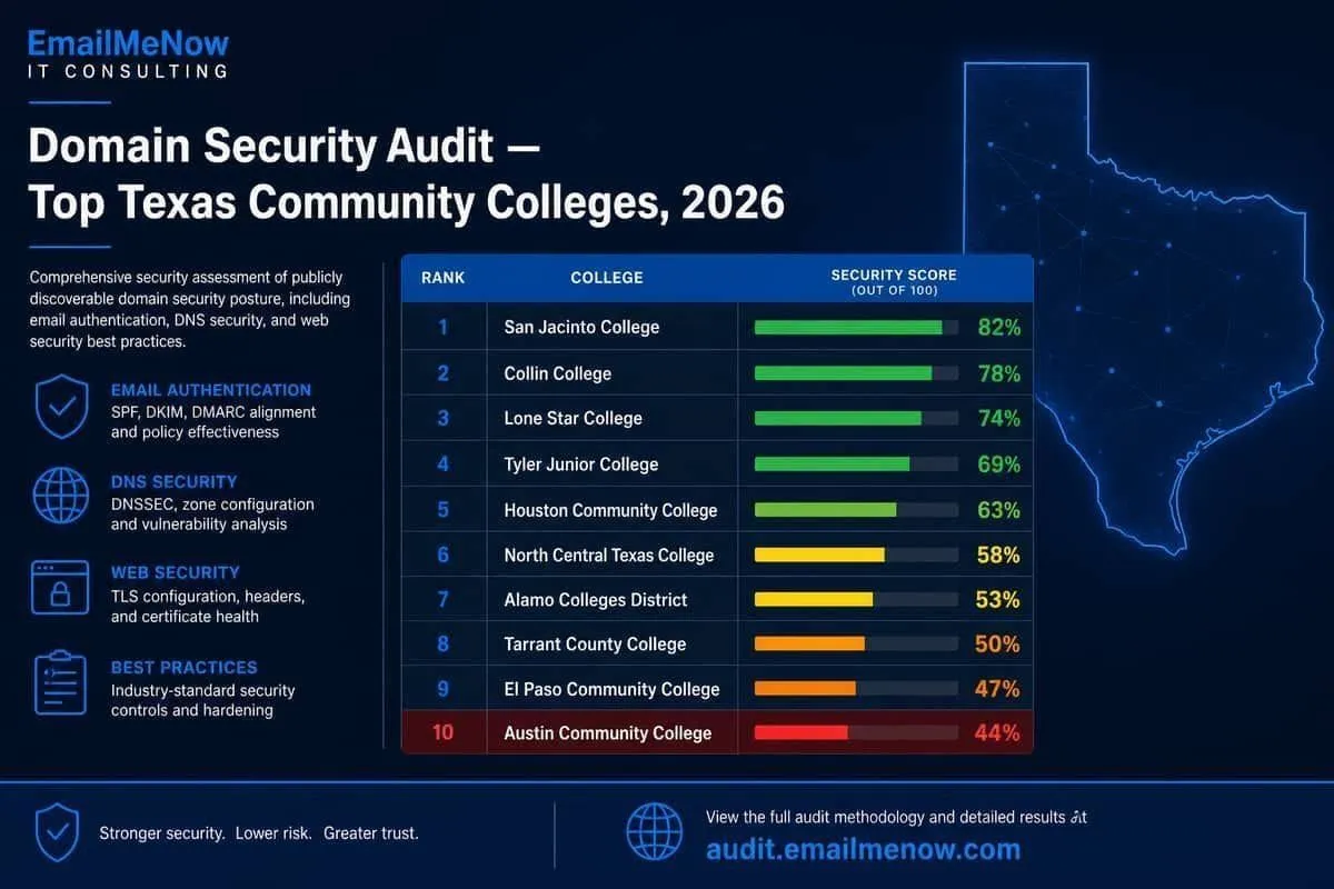 Ranked email security audit scoreboard for major Texas community colleges