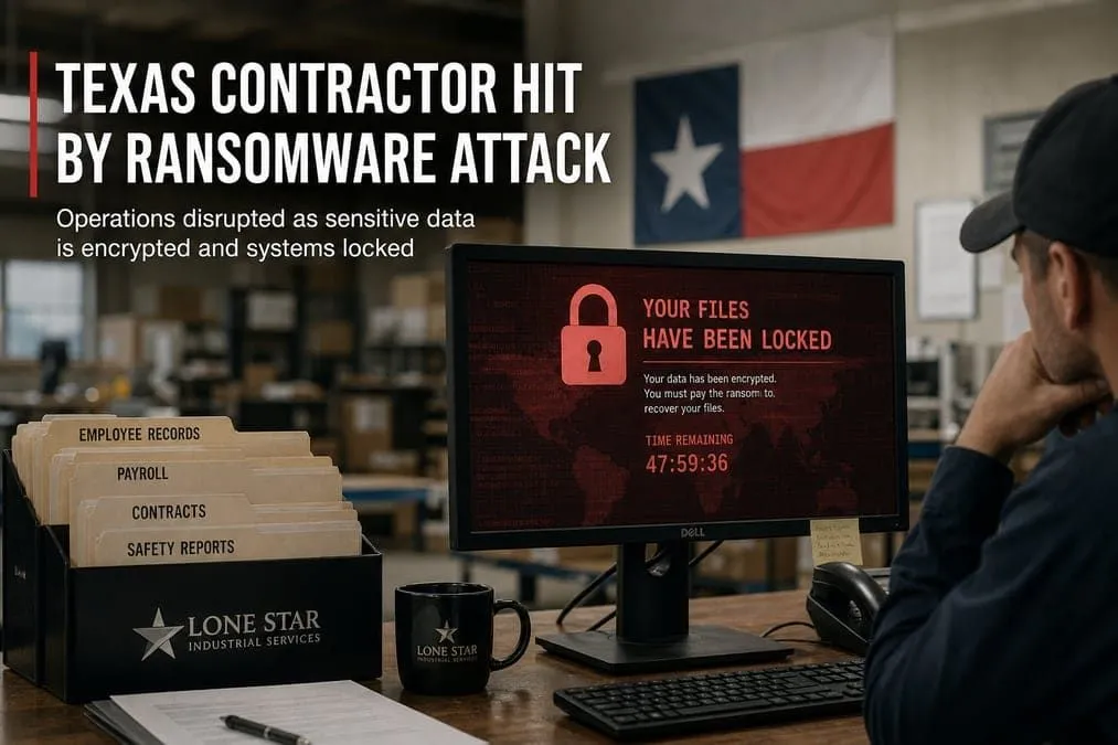 Industrial contractor office with ransomware lock overlay on a computer