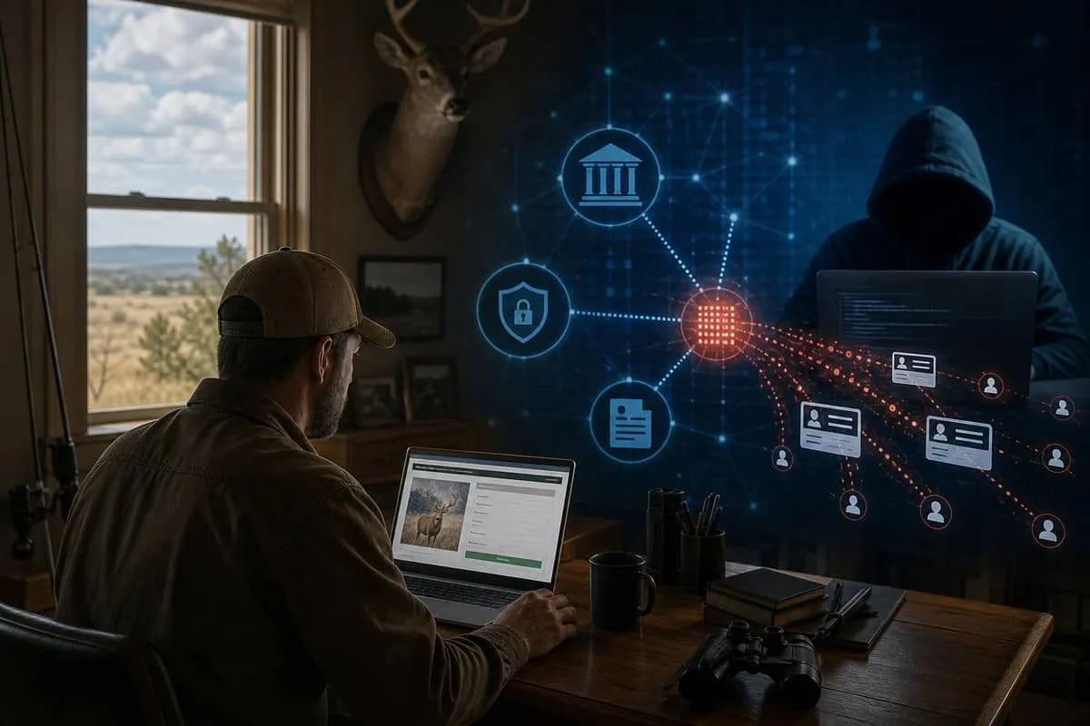 Illustration: Texan purchasing hunting license online while third-party vendor connection leaks identity data