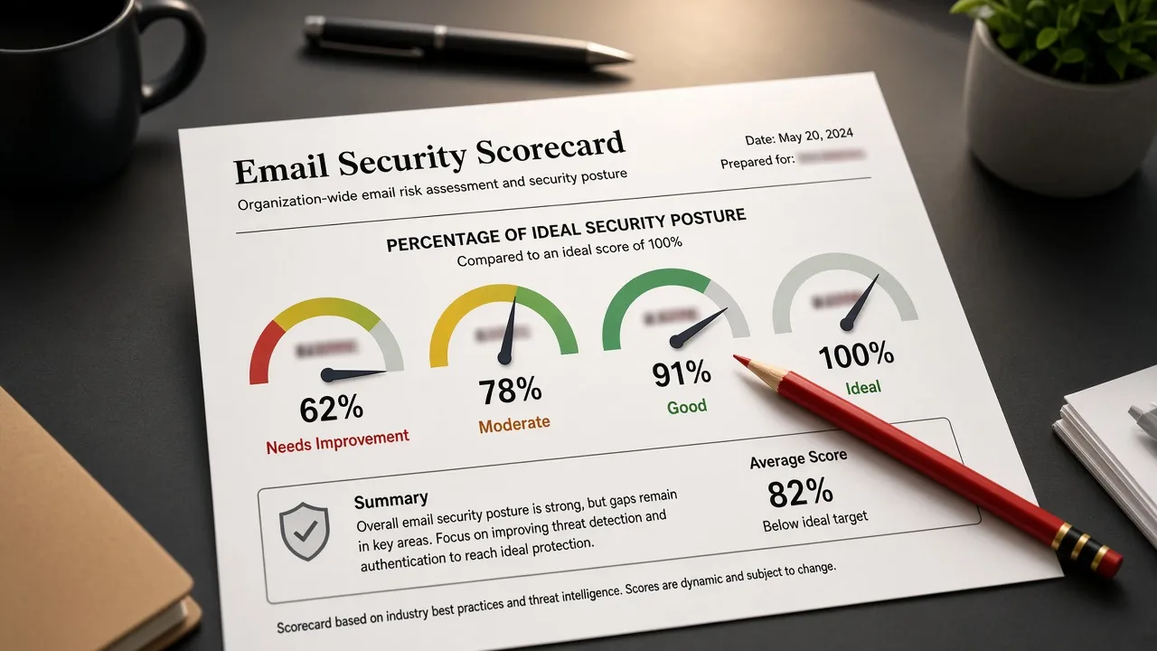 Printed email-security scorecard with four gauges below a 100 percent ideal