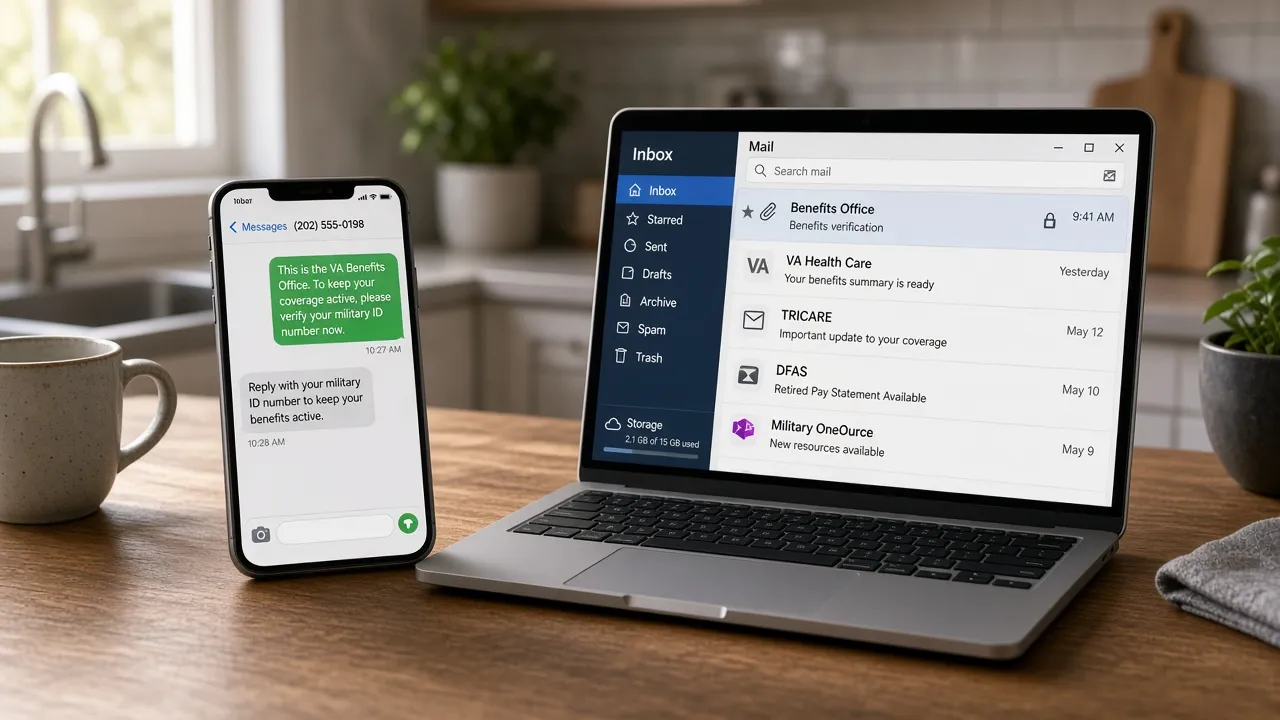 Phone and laptop showing a spoofed benefits-verification text and email