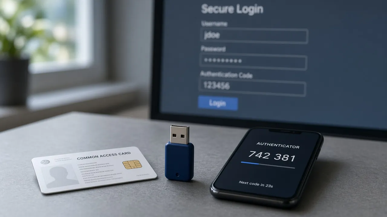 Generic ID card, hardware security key, and phone authenticator beside a secure-login screen