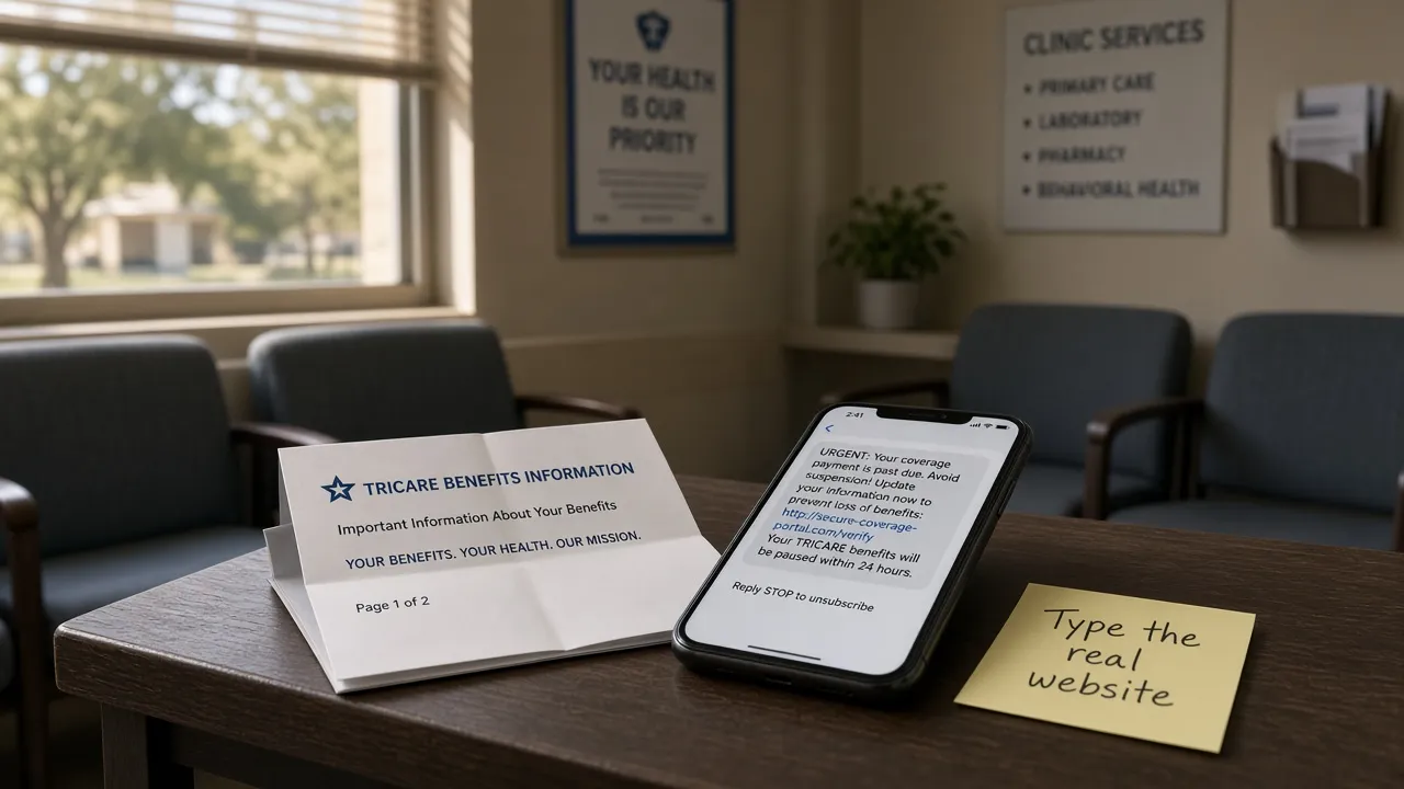Clinic side table with a benefits letter and a phone showing a coverage-payment scam text