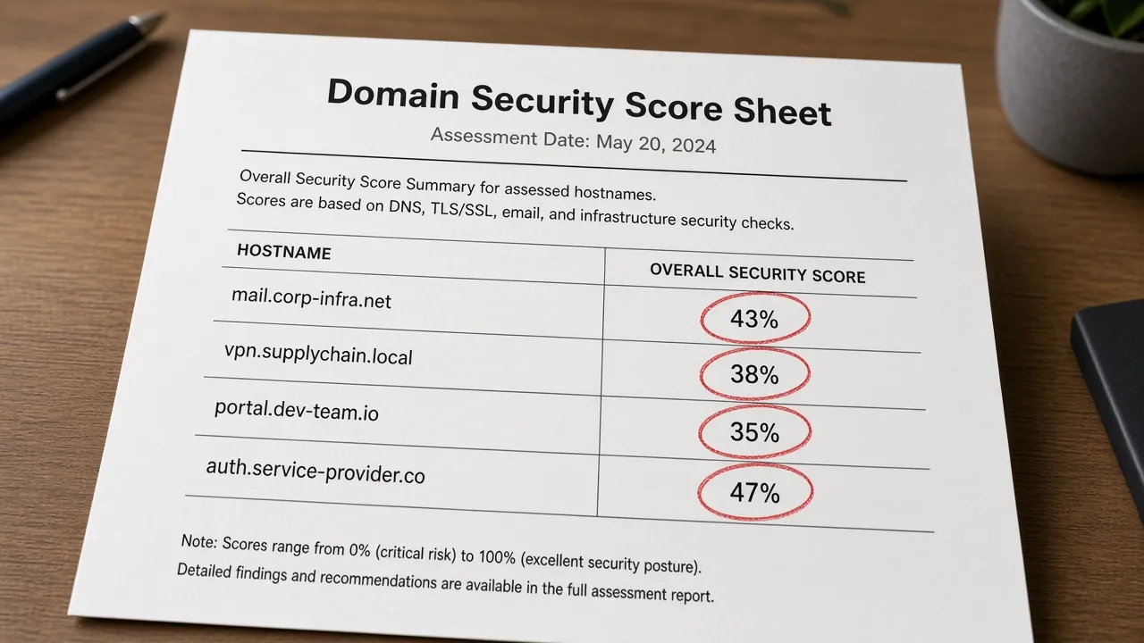 Printed domain-audit scores well below the 100 percent ideal