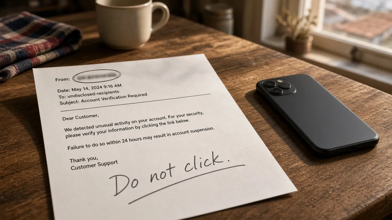 Printed phishing email on a kitchen table with a handwritten Do not click note