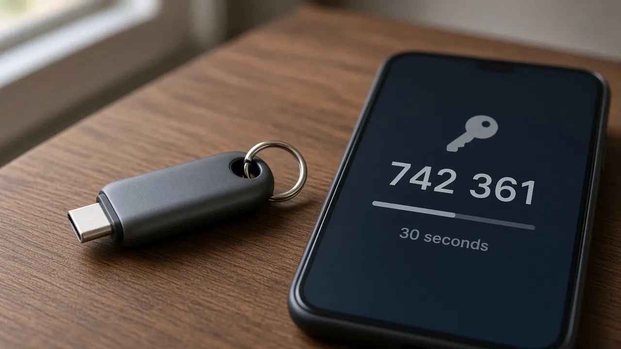 Hardware security key beside a phone showing a generic authenticator code