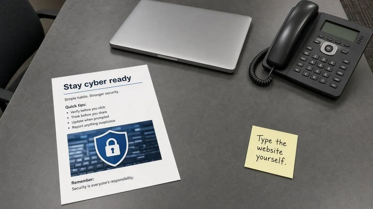 Texas government training table with a Stay cyber ready flyer and a note to type the website yourself