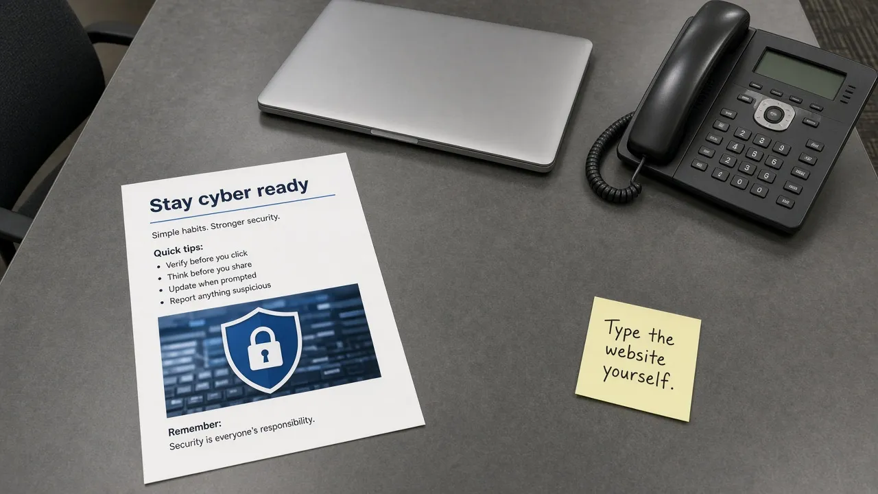 Texas government training table with a Stay cyber ready flyer and a note to type the website yourself