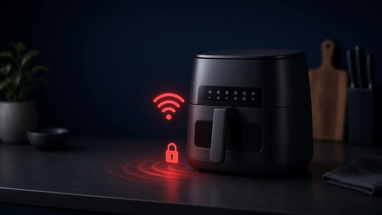 Smart Typhur air fryer with Wi-Fi security warning glow on a kitchen counter