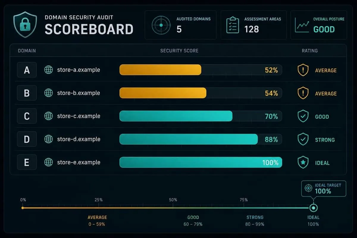 Illustration of domain security audit scoreboard with 100% ideal target