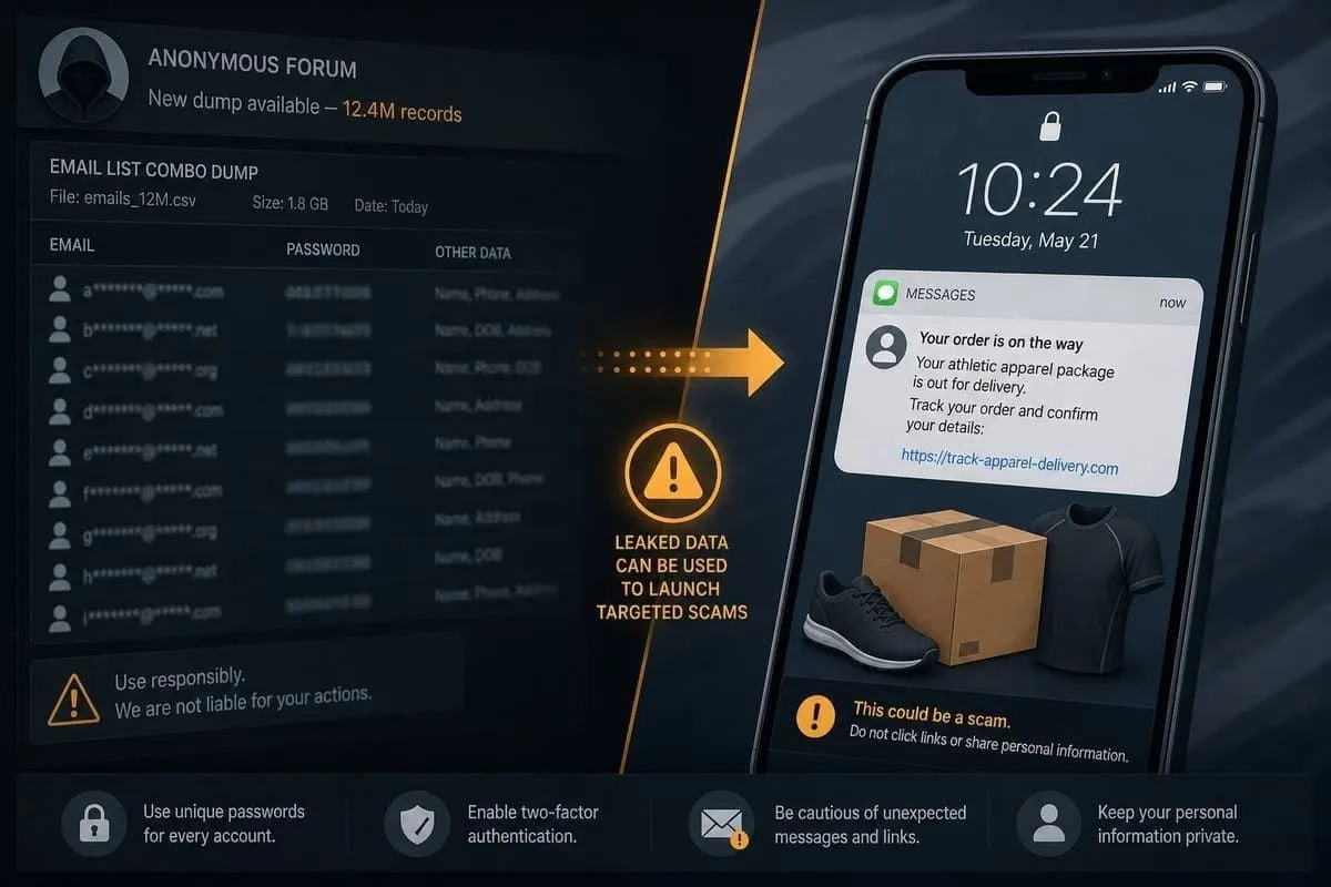 Illustration of leaked email lists fueling fake athletic-apparel order scam messages