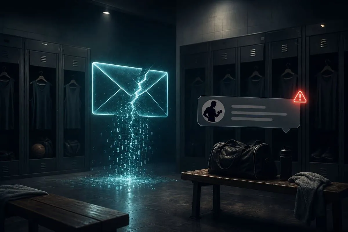 Illustration of a large consumer email leak and athletic-brand phishing risk