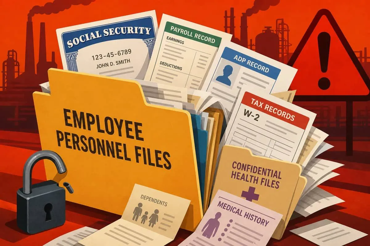 Illustration: employee SSN payroll tax and health records exposed in industrial contractor breach